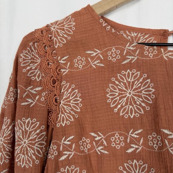 BLU PEPPER Womens Clay Orange Embroidered Peasant Blouse Top Small Boho - Picture 7 of 12